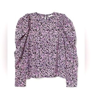 H&M - Black And Purple Floral Puff Ling Sleeve 2 Button Closure Blouse Small